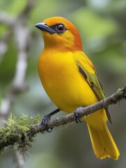Vibrant yellow and orange bird perched on mossy branch in nature.