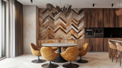 Modern dining area with herringbone wood wall, round table, and mustard yellow chairs.