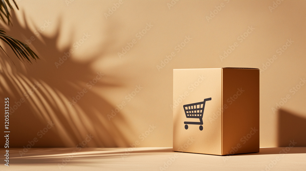 Poster a cardboard box with a modern shopping cart design printed on the side, placed on a plain beige back