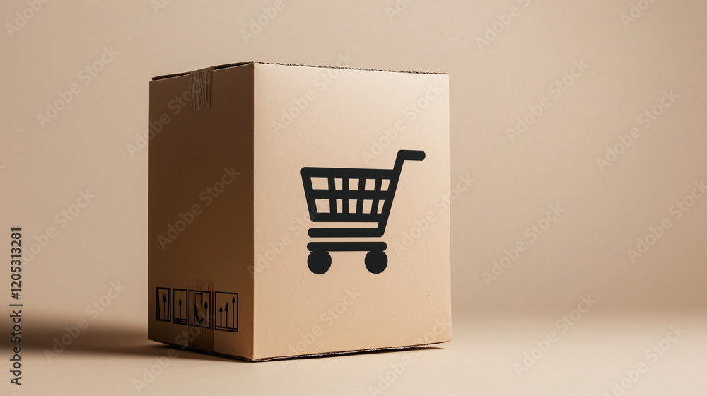 Poster a cardboard box with a modern shopping cart design printed on the side, placed on a plain beige back