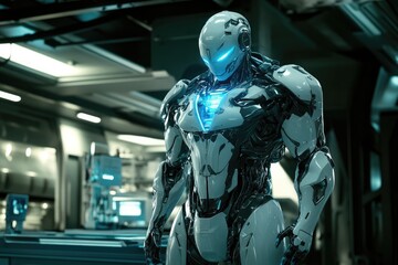 Naklejka premium A futuristic humanoid robot with glowing features in a high-tech environment.