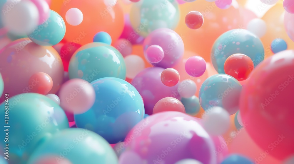 Poster 3d rendering of a cluster of pastel colored spheres of various sizes with a glossy finish.