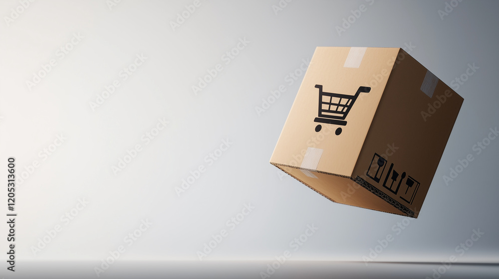 Poster a dynamic composition showing a cardboard box with a shopping cart icon floating against a plain whi
