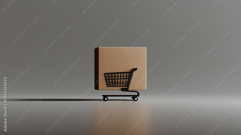 Poster a horizontally placed cardboard box with a sleek shopping cart design, centered on a plain gray back