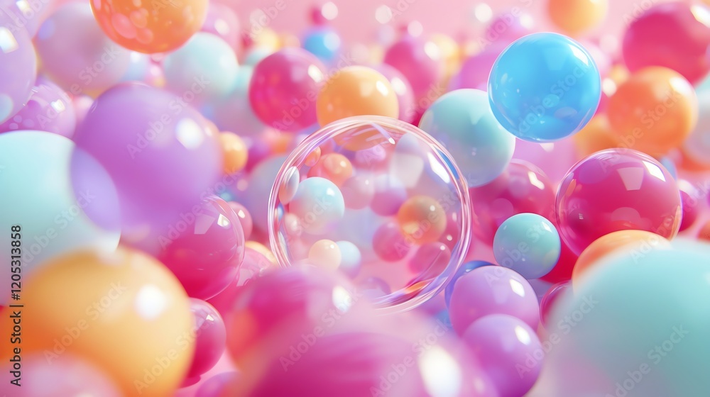 Poster a 3d rendering of a cluster of pastel-colored spheres. the spheres are of different sizes and are ar