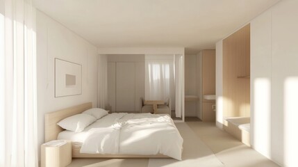 White minimalist bedroom ideas showcasing a bright and airy space with clean lines, simple bedding, and subtle wooden accents