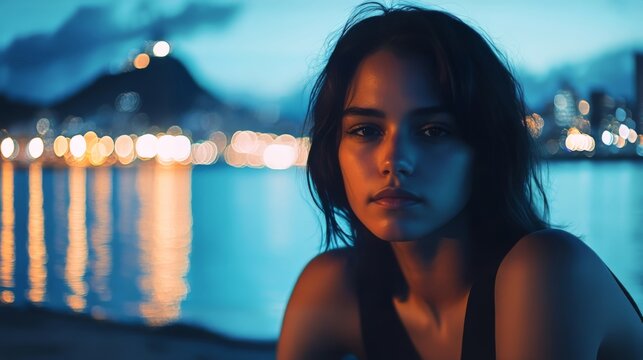 Young Brazilian woman enjoying sunset at Mureta Da Urca