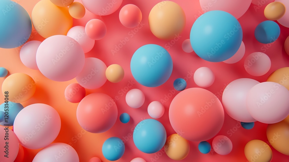 Poster 3d rendering of a pink background with pastel colored balls of various sizes floating in the air.