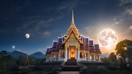 A magnificent supermoon gracefully illuminating the serene temple landscape in Thailand with its celestial glow
