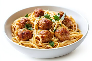Noodles with meatball isolated on white background