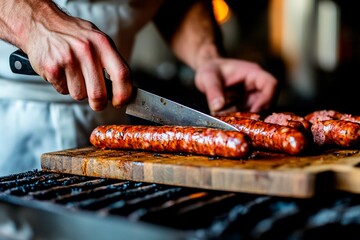 Cutting fresh sausages on a wooden board with a sharp knife in a cozy kitchen