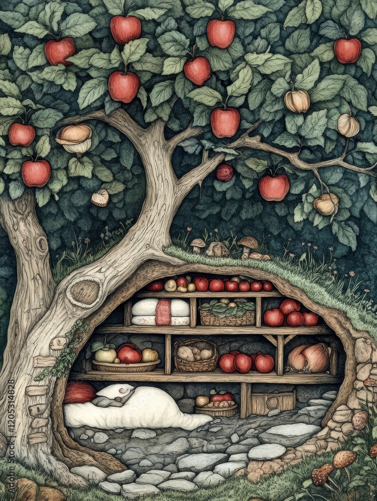 Poster cozy underground storage filled with fruits located beneath a large apple tree during a sunny day. g