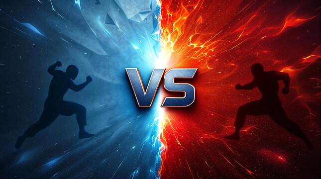 "VS" illuminated between two silhouetted figures against contrasting blue and red backgrounds. Use for competition, sports, gaming, conflict, or rivalry themes. - Powered by Adobe