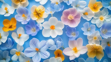 Delicate Spring Flowers Close-Up with Crocuses and Primroses Against Blue Background