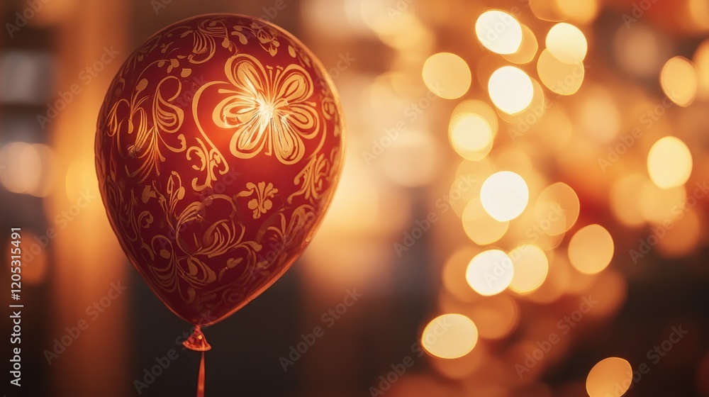 Poster a red balloon with gold floral patterns floats against a bokeh background of lights