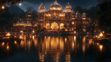 Obraz premium Illuminated Palace Reflecting in Serene Night Water