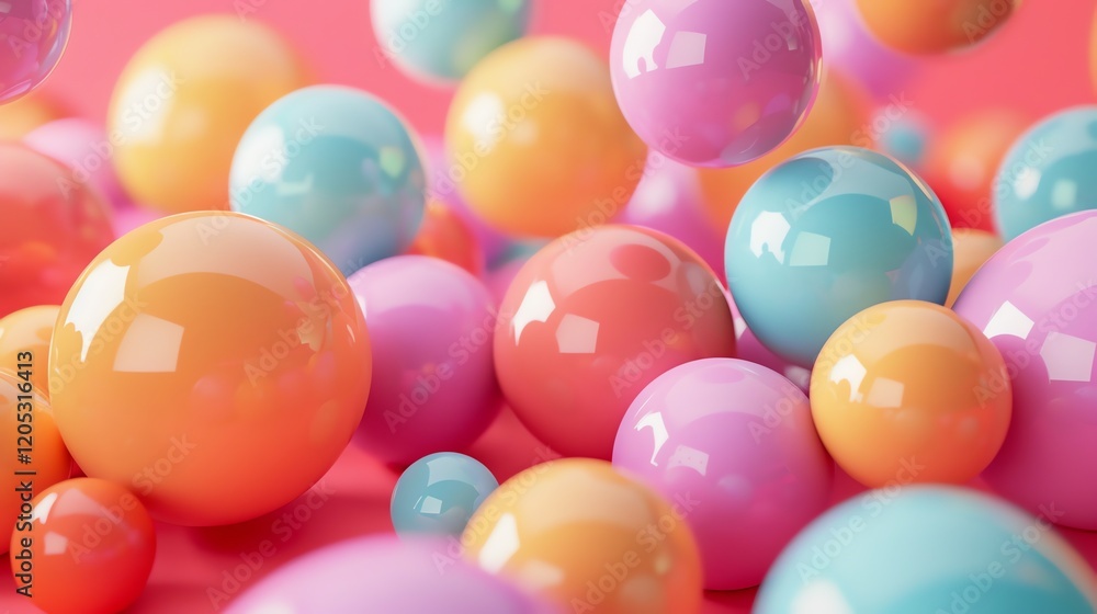 Poster 3d rendering of a bunch of glossy balls with various pastel colors on a pink background.