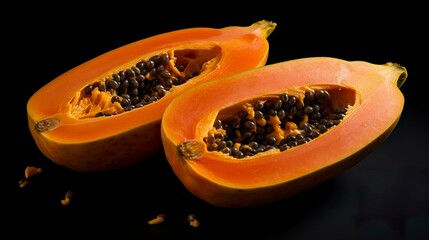 A photo of a whole and halved papaya.