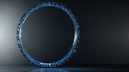A futuristic circular structure with intricate details, set against a dark background.