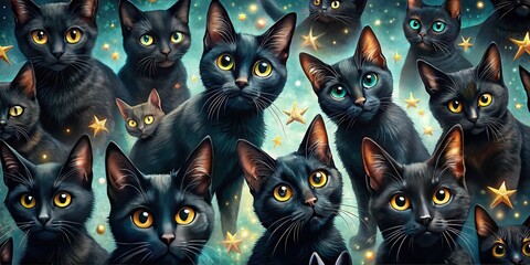 Funny Black Cat Pattern Night Photography -  Whimsical Pet Stock Image