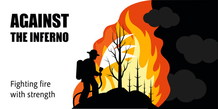 Banner of Firefighter Facing a Wall of Flames. Conceptual Silhouette with Water Sprayer and forest