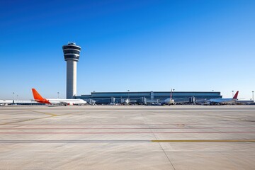 Airplanes on the tarmac at an airport panoramic view of the airport exterior clear sky transportation hub aviation concept