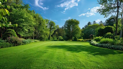 Naklejka premium Beautiful wide format image of a manicured country lawn surrounded by trees and shrubs on a bright summer day. Spring summer nature.