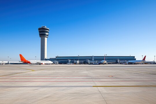 Airplanes on the tarmac at an airport panoramic view of the airport exterior clear sky transportation hub aviation concept