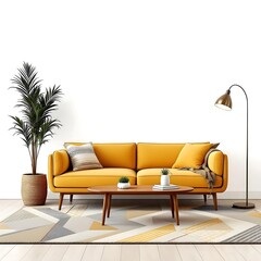 Fototapeta premium Modern Living Room with Yellow Sofa and Geometric Rug
