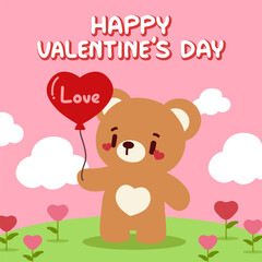 Cute Bear Holding a Heart Balloon for Valentine’s Day. Adorable Valentine’s Day Illustration with Teddy Bear and Love Balloon. Happy Valentine’s Day Kawaii Bear with Romantic Heart Balloon.