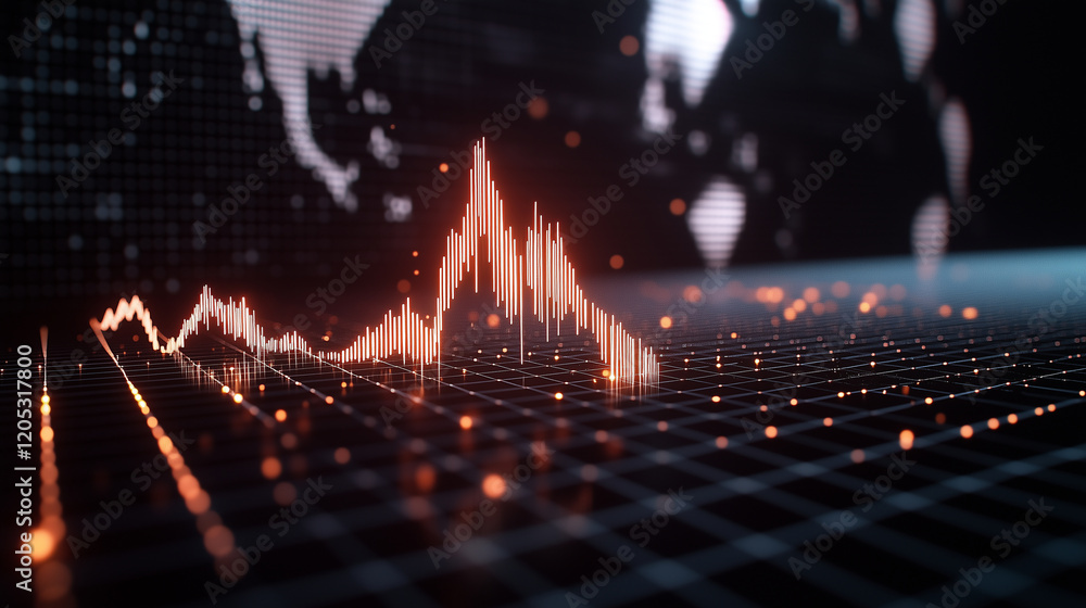 Aufkleber a 3d line graph in motion, rising over a digital grid with country icons appearing in the background