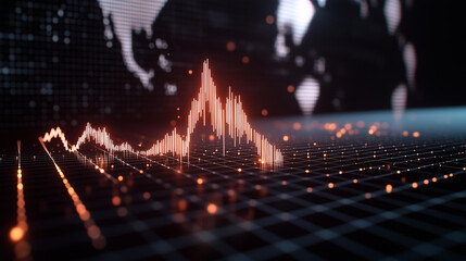 A 3D line graph in motion, rising over a digital grid with country icons appearing in the background, showcasing the growth and reach of global markets