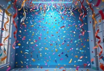 Colorful Confetti Falling in a Room with Ribbons