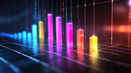 A colorful 3D bar chart expanding against a sleek grid backdrop, with glowing markers showing milestones in expanding international sales