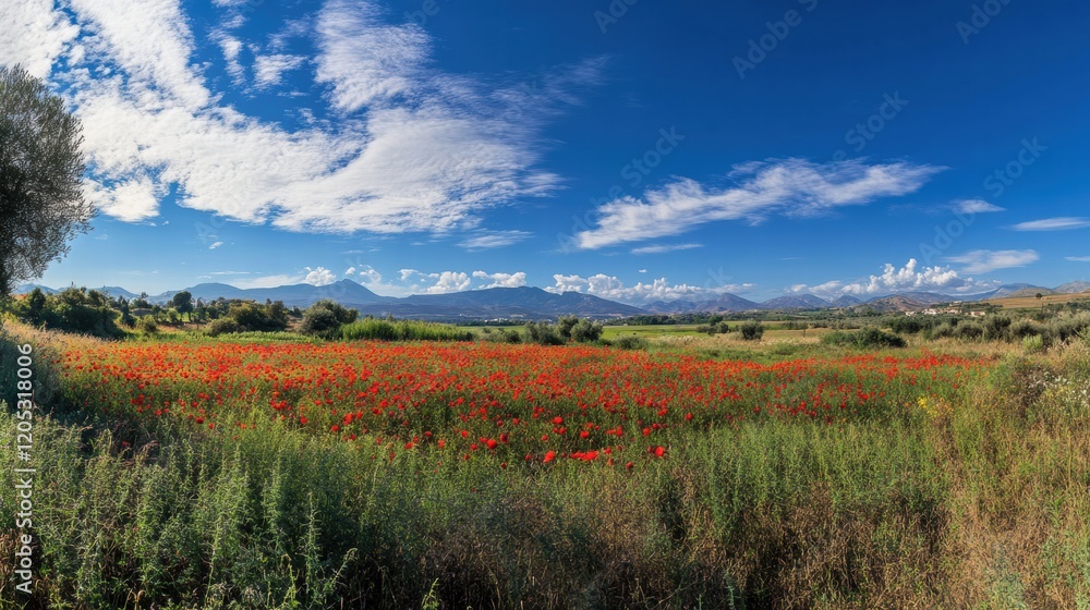 Poster vibrant poppy field under clear skies with mountains in the background during a sunny day. generativ