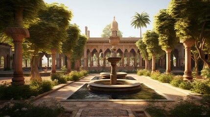 Fototapeta premium A photo of an Islamic garden with fountains.