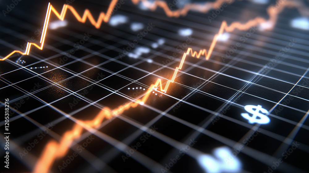 Aufkleber a glowing 3d graph with smooth upward movement, set against a grid background, with global currency 