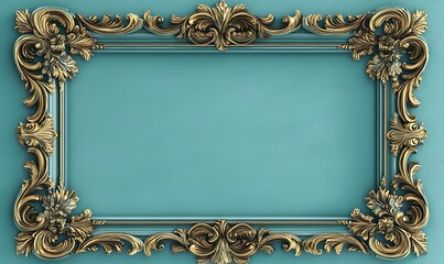 Decorative Picture frame golden round carvings with teal tone background , showcasing intricate floral detailing, suitable for premium artwork, invitation, or classical design
