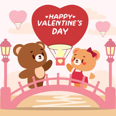 Adorable Valentine's Day illustration featuring a teddy bear couple on a bridge, waving at a heart shaped hot air balloon.