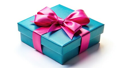 Fototapeta premium A solitary blue gift box, adorned with a pink bow, rests open on a pristine white background.
