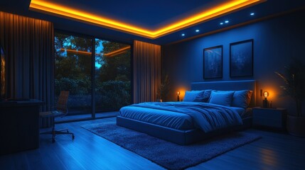 Fototapeta premium Nighttime bedroom, cove lighting, forest view, relaxing ambiance