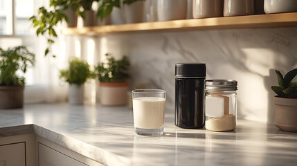 Glass of protein shake on a bright marble kitchen countertop with a black shaker, a jar of protein powder, and potted plants in a sunlit, cozy setting