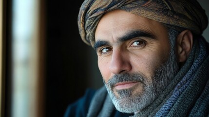Mature Man Wearing Traditional Headwear and Scarf