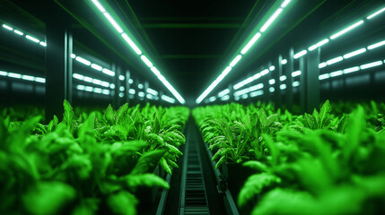 A wide-angle shot of an underground hydroponic farm, where LED grow lights cast their glow over flourishing plants, with shelves organized in neat rows