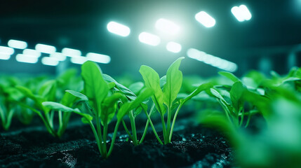 A close-up of hydroponic plants glowing under LED lights in a dark underground chamber, the roots submerged in nutrient-rich water, with soft light highlighting their freshness
