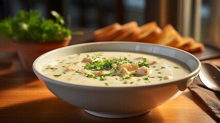 A photo of creamy clam chowder in a bowl.