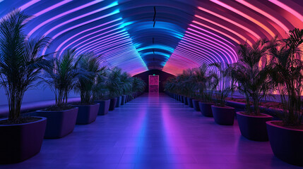Fototapeta premium An underground greenhouse with LED lights casting colorful rays over rows of hydroponic plants, showcasing the sleek, futuristic design of the space