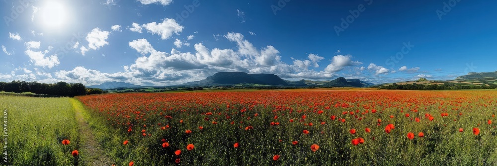 Aufkleber expansive field of vibrant red poppies under a clear blue sky with distant mountains in the backgrou
