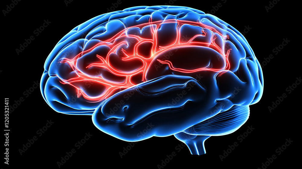 Aufkleber brain scan image with red light illumination from above highlighting neural activity and structures