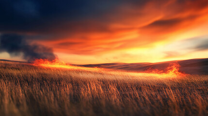 Bright orange flames flickering on dry grass, with the fire spreading slowly and smoke billowing upwards, set against a fading sunset sky